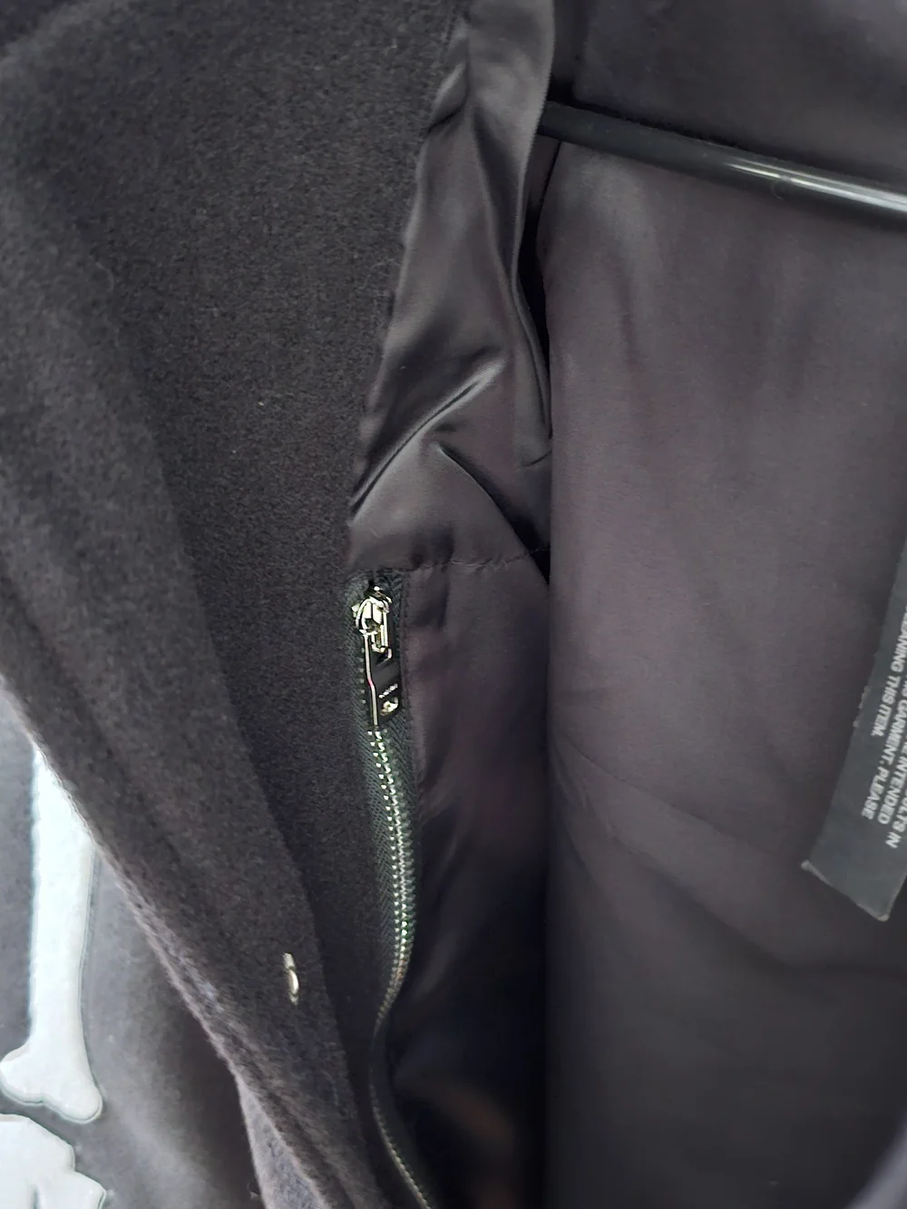 Black Wool Bomber Jacket with White Sleeve Bone Appliqué
